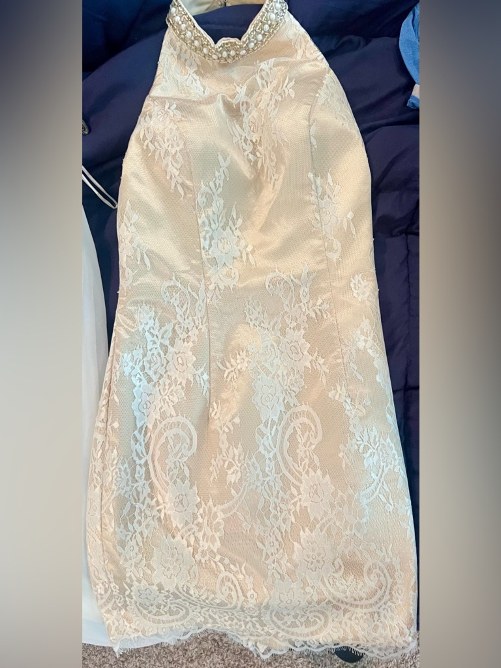 Backless Lace Halter Dress - Cream